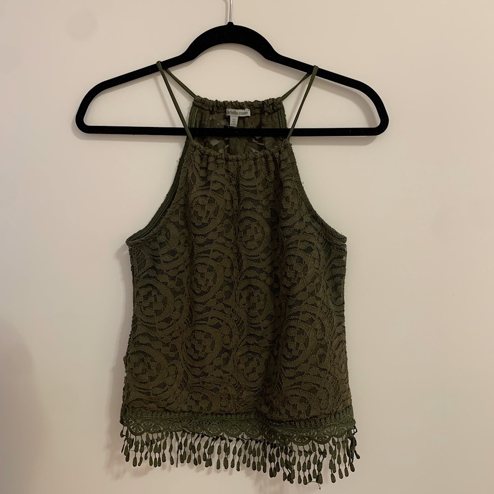 Charlotte Russe, Olive colored high neck top with delicate detailing